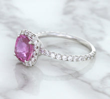 Load image into Gallery viewer, 1.72ct Cushion Pink Sapphire Ring with Diamond Halo in 18K White Gold