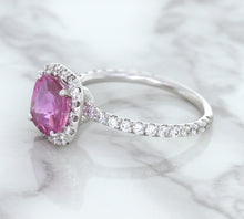 Load image into Gallery viewer, 1.72ct Cushion Pink Sapphire Ring with Diamond Halo in 18K White Gold