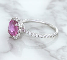 Load image into Gallery viewer, 1.72ct Cushion Pink Sapphire Ring with Diamond Halo in 18K White Gold
