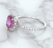 Load image into Gallery viewer, 1.72ct Cushion Pink Sapphire Ring with Diamond Halo in 18K White Gold