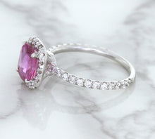 Load image into Gallery viewer, 1.72ct Cushion Pink Sapphire Ring with Diamond Halo in 18K White Gold