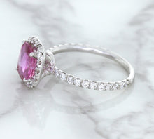 Load image into Gallery viewer, 1.72ct Cushion Pink Sapphire Ring with Diamond Halo in 18K White Gold
