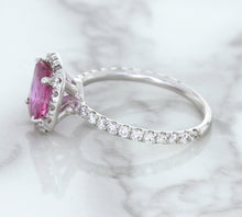 Load image into Gallery viewer, 1.72ct Cushion Pink Sapphire Ring with Diamond Halo in 18K White Gold