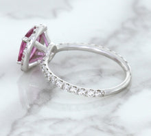 Load image into Gallery viewer, 1.72ct Cushion Pink Sapphire Ring with Diamond Halo in 18K White Gold