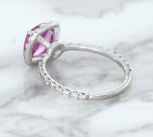 Load image into Gallery viewer, 1.72ct Cushion Pink Sapphire Ring with Diamond Halo in 18K White Gold