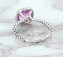 Load image into Gallery viewer, 1.72ct Cushion Pink Sapphire Ring with Diamond Halo in 18K White Gold