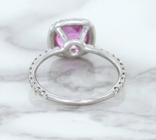 Load image into Gallery viewer, 1.72ct Cushion Pink Sapphire Ring with Diamond Halo in 18K White Gold