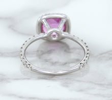 Load image into Gallery viewer, 1.72ct Cushion Pink Sapphire Ring with Diamond Halo in 18K White Gold