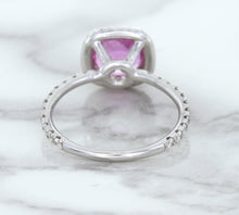 Load image into Gallery viewer, 1.72ct Cushion Pink Sapphire Ring with Diamond Halo in 18K White Gold