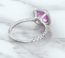 Load image into Gallery viewer, 1.72ct Cushion Pink Sapphire Ring with Diamond Halo in 18K White Gold