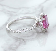 Load image into Gallery viewer, 1.72ct Cushion Pink Sapphire Ring with Diamond Halo in 18K White Gold