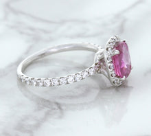 Load image into Gallery viewer, 1.72ct Cushion Pink Sapphire Ring with Diamond Halo in 18K White Gold