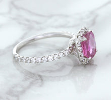 Load image into Gallery viewer, 1.72ct Cushion Pink Sapphire Ring with Diamond Halo in 18K White Gold