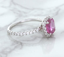 Load image into Gallery viewer, 1.72ct Cushion Pink Sapphire Ring with Diamond Halo in 18K White Gold