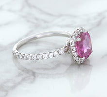 Load image into Gallery viewer, 1.72ct Cushion Pink Sapphire Ring with Diamond Halo in 18K White Gold