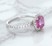 Load image into Gallery viewer, 1.72ct Cushion Pink Sapphire Ring with Diamond Halo in 18K White Gold