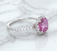 Load image into Gallery viewer, 1.72ct Cushion Pink Sapphire Ring with Diamond Halo in 18K White Gold