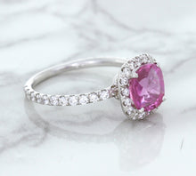 Load image into Gallery viewer, 1.72ct Cushion Pink Sapphire Ring with Diamond Halo in 18K White Gold