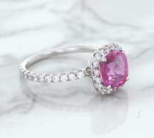 Load image into Gallery viewer, 1.72ct Cushion Pink Sapphire Ring with Diamond Halo in 18K White Gold