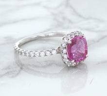 Load image into Gallery viewer, 1.72ct Cushion Pink Sapphire Ring with Diamond Halo in 18K White Gold