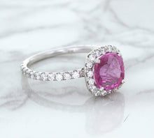 Load image into Gallery viewer, 1.72ct Cushion Pink Sapphire Ring with Diamond Halo in 18K White Gold