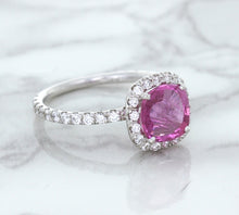 Load image into Gallery viewer, 1.72ct Cushion Pink Sapphire Ring with Diamond Halo in 18K White Gold