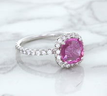 Load image into Gallery viewer, 1.72ct Cushion Pink Sapphire Ring with Diamond Halo in 18K White Gold