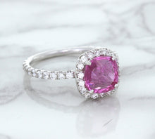 Load image into Gallery viewer, 1.72ct Cushion Pink Sapphire Ring with Diamond Halo in 18K White Gold