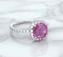 Load image into Gallery viewer, 1.72ct Cushion Pink Sapphire Ring with Diamond Halo in 18K White Gold