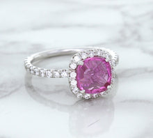 Load image into Gallery viewer, 1.72ct Cushion Pink Sapphire Ring with Diamond Halo in 18K White Gold