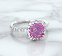 Load image into Gallery viewer, 1.72ct Cushion Pink Sapphire Ring with Diamond Halo in 18K White Gold