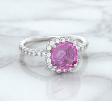Load image into Gallery viewer, 1.72ct Cushion Pink Sapphire Ring with Diamond Halo in 18K White Gold