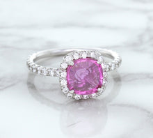 Load image into Gallery viewer, 1.72ct Cushion Pink Sapphire Ring with Diamond Halo in 18K White Gold
