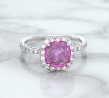 Load image into Gallery viewer, 1.72ct Cushion Pink Sapphire Ring with Diamond Halo in 18K White Gold