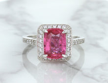 Load image into Gallery viewer, 2.79ct Cushion Pink Sapphire Ring with Diamond Halo in 18K White Gold