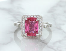 Load image into Gallery viewer, 2.79ct Cushion Pink Sapphire Ring with Diamond Halo in 18K White Gold