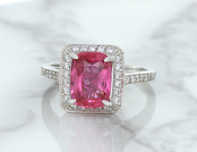 Load image into Gallery viewer, 2.79ct Cushion Pink Sapphire Ring with Diamond Halo in 18K White Gold