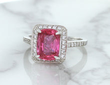 Load image into Gallery viewer, 2.79ct Cushion Pink Sapphire Ring with Diamond Halo in 18K White Gold