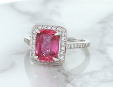 Load image into Gallery viewer, 2.79ct Cushion Pink Sapphire Ring with Diamond Halo in 18K White Gold