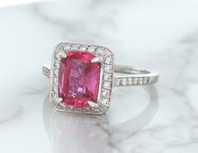 Load image into Gallery viewer, 2.79ct Cushion Pink Sapphire Ring with Diamond Halo in 18K White Gold