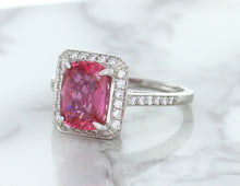 Load image into Gallery viewer, 2.79ct Cushion Pink Sapphire Ring with Diamond Halo in 18K White Gold