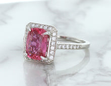 Load image into Gallery viewer, 2.79ct Cushion Pink Sapphire Ring with Diamond Halo in 18K White Gold