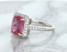 Load image into Gallery viewer, 2.79ct Cushion Pink Sapphire Ring with Diamond Halo in 18K White Gold