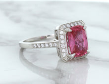 Load image into Gallery viewer, 2.79ct Cushion Pink Sapphire Ring with Diamond Halo in 18K White Gold