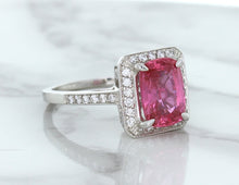 Load image into Gallery viewer, 2.79ct Cushion Pink Sapphire Ring with Diamond Halo in 18K White Gold