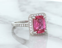 Load image into Gallery viewer, 2.79ct Cushion Pink Sapphire Ring with Diamond Halo in 18K White Gold