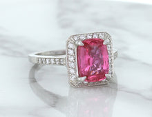 Load image into Gallery viewer, 2.79ct Cushion Pink Sapphire Ring with Diamond Halo in 18K White Gold