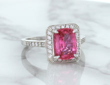 Load image into Gallery viewer, 2.79ct Cushion Pink Sapphire Ring with Diamond Halo in 18K White Gold
