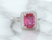Load image into Gallery viewer, 2.79ct Cushion Pink Sapphire Ring with Diamond Halo in 18K White Gold
