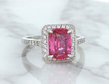 Load image into Gallery viewer, 2.79ct Cushion Pink Sapphire Ring with Diamond Halo in 18K White Gold